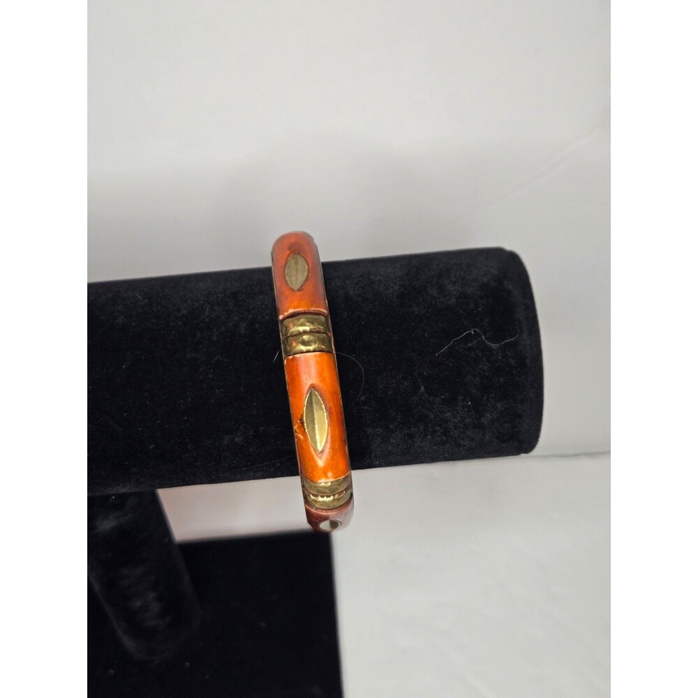 Brass Bangle Bracelet with Red Accents